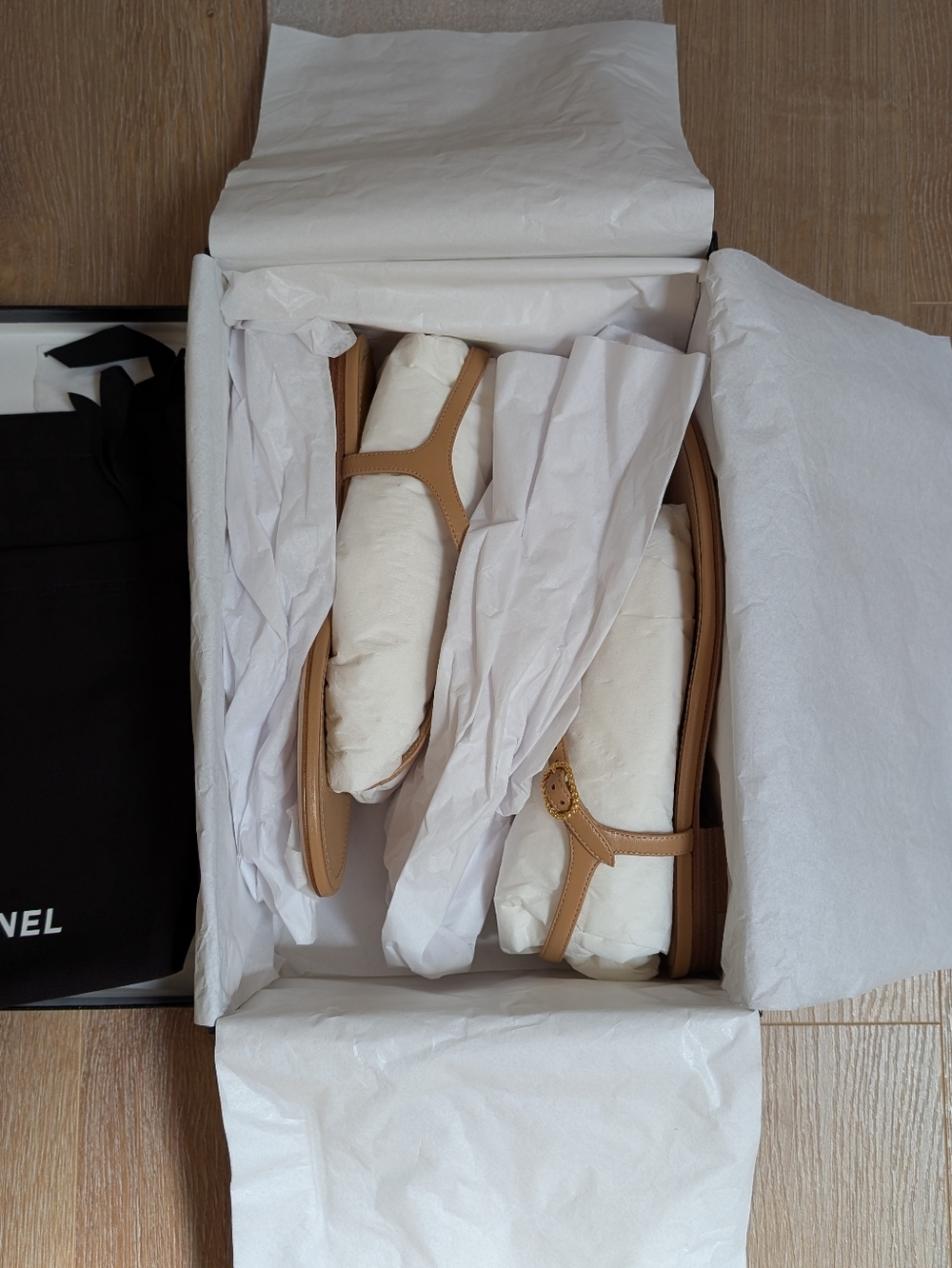 CHANEL Tan Leather T-Strap Sandals with Gold CC Hardware - Picture 8 of 9